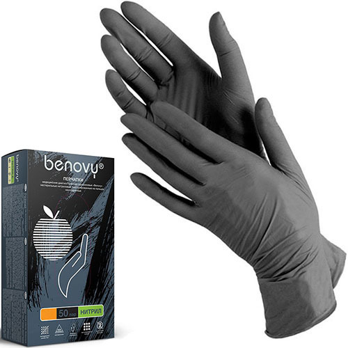 Перчатки нитриловые BENOVY, размер XS, 50 пар. Черные