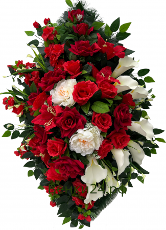 Фото Ритуальный венок из искусственных цветов - Элит #56 красно-белый из роз, пионов, калл и зелени