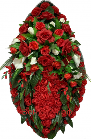 Фото Ритуальный венок из искусственных цветов - Элит #14 красно-белый из роз, гвоздик и зелени