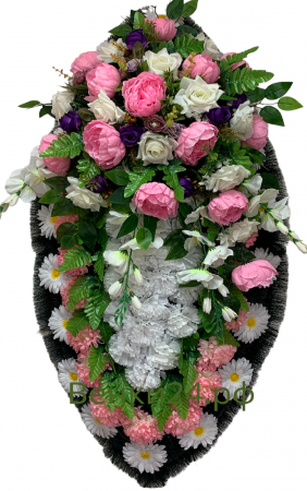 Фото Ритуальный венок из искусственных цветов - Элит #16 розово-белый из пионов,роз,гвоздик.