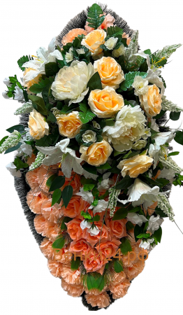 Фото Ритуальный венок из искусственных цветов - Элит #61 из белых лилий, пионов, гвоздики, розы и зелени