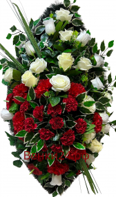 Фото Ритуальный венок из искусственных цветов - Элит #62 красно-белый из роз, гвоздики, колоса и зелени