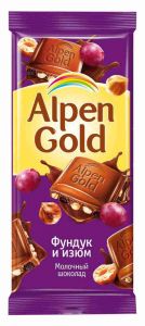 Шоколад ALPEN GOLD 85/90г фундук/изюм