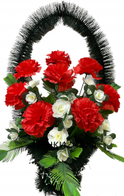Фото Ритуальная корзина Малая #3  красные гвоздики,букет азалии и зелень