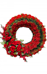 Фото Ритуальный венок Круг  из красных гвоздик,роз,гладиолусов и зелени