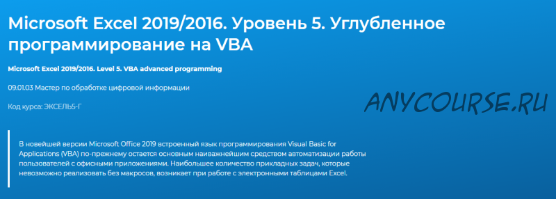 [Специалист]Microsoft Excel 2019/2016.Уровень 5.Углубленное программирование на VBA(Андрей Завьялов)