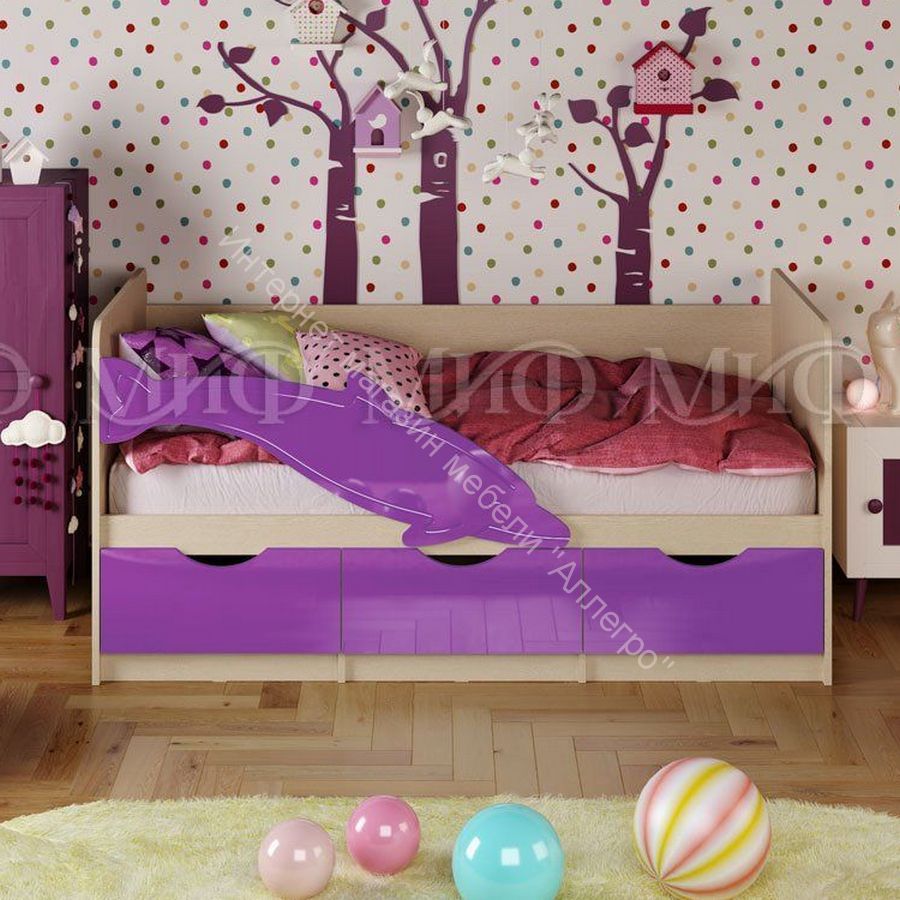 Кровать "Дельфин-1" 2,0*0,8 м Фиолетовый металлик, Дуб беленый