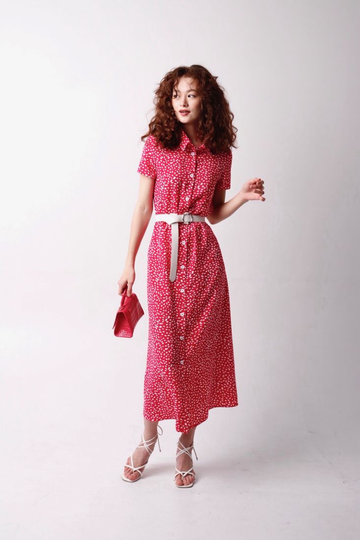 9096 Платье-рубашка удлинённое розовое с пятнышками