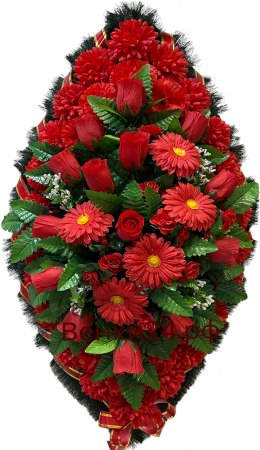 Фото Ритуальный венок из искусственных цветов - Классика #35 красный из хризантем, роз, герберы и папоротника