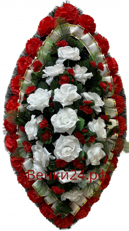 Фото Ритуальный венок из искусственных цветов - Классика #21красно-белый из гвоздик,роз и азалии