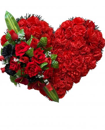 Фото Ритуальный венок Сердце с красными розами, лилиями и гвоздиками