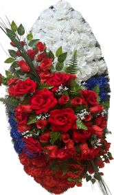 Фото Ритуальный венок на возложение #01 Триколор из гвоздик и красные розы