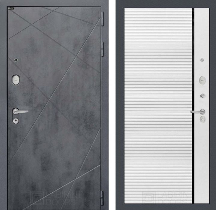 Дверь входная Лабиринт LOFT 22 Белый софт, черная вставка металлическая