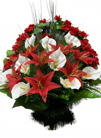 Фото Ритуальная корзина "Ладья ЛКЛ-6" - красные лилии,белая калла,роза