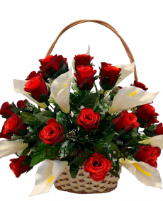 Фото Ритуальная корзина Лоза №3 бархатные розы,калла.