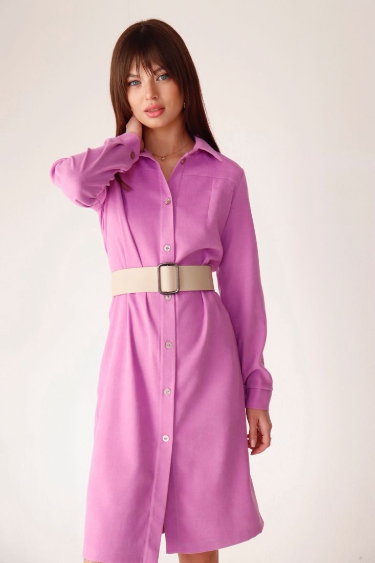9150 Платье-рубашка из микровельвета розово-сиреневое