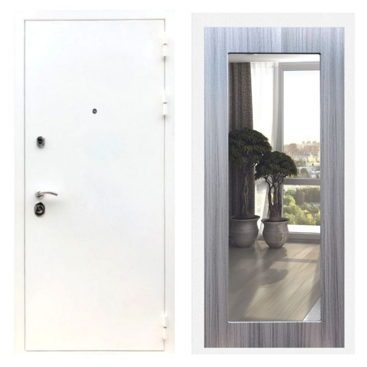 Дверь входная металлическая Лекс Х5 Шагрень Белая Зеркало 18 Сандал Серый