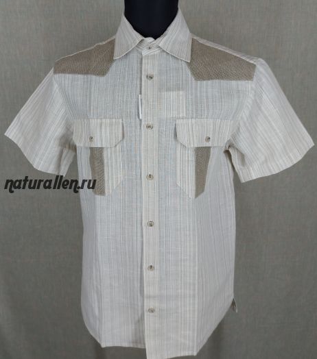 Мужская льняная рубашка вставки из ткани по типу "мешковина" (46 размер)