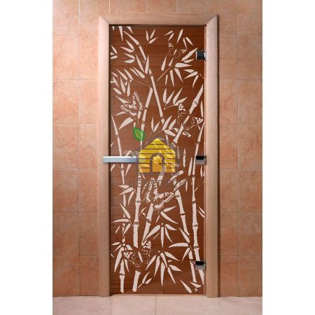 Дверь стеклянная для сауны бани DW "Бамбук и бабочки бронза"