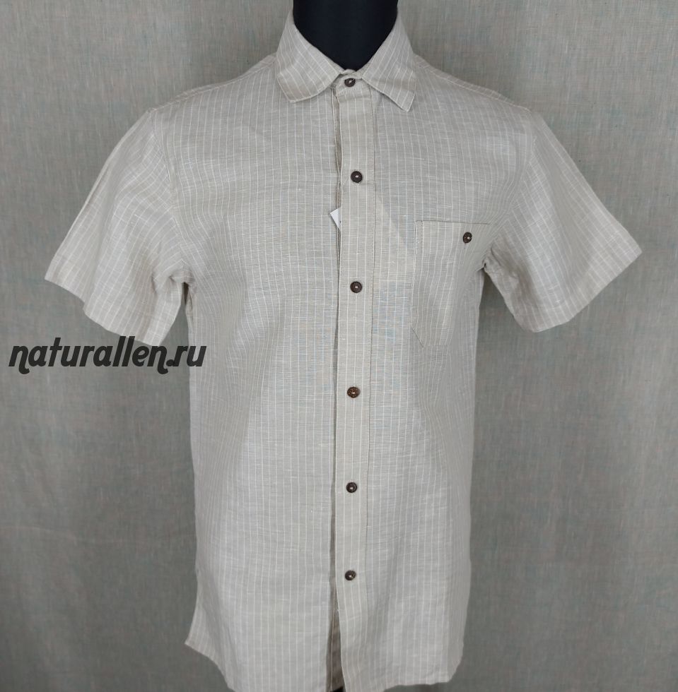 Рубашка мужская 100 % лён классическая короткий рукав ( цвет беж в мелкую белую полоску)