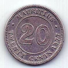 20 центов 1877 Маврикий XF Редкость Великобритания