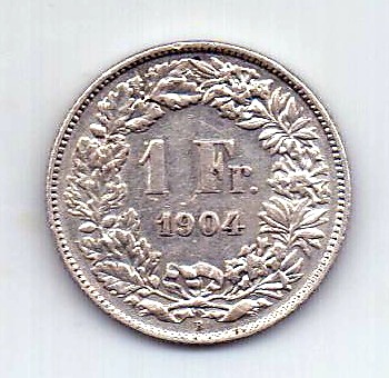 1 франк 1904 года AUNC Редкий год Швейцария