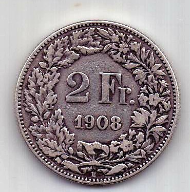 2 франка 1908 Швейцария Редкий год