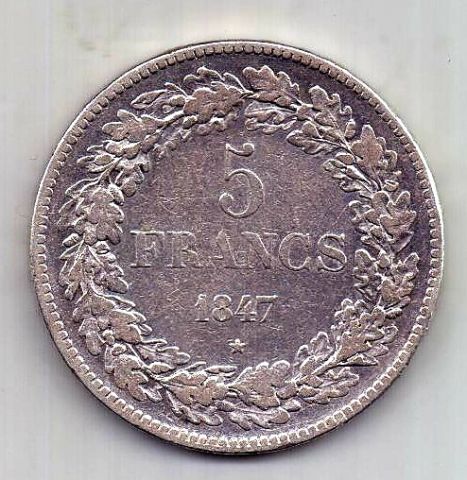 5 франков 1847 Бельгия Редкий год XF
