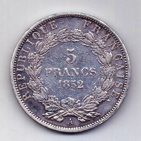 5 франков 1852 Франция Луи Наполеон Бонапарт XF