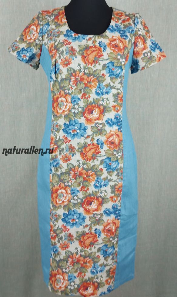 Летнее платье лен 100%  Цветы  (вставки цвет морской волны 1)