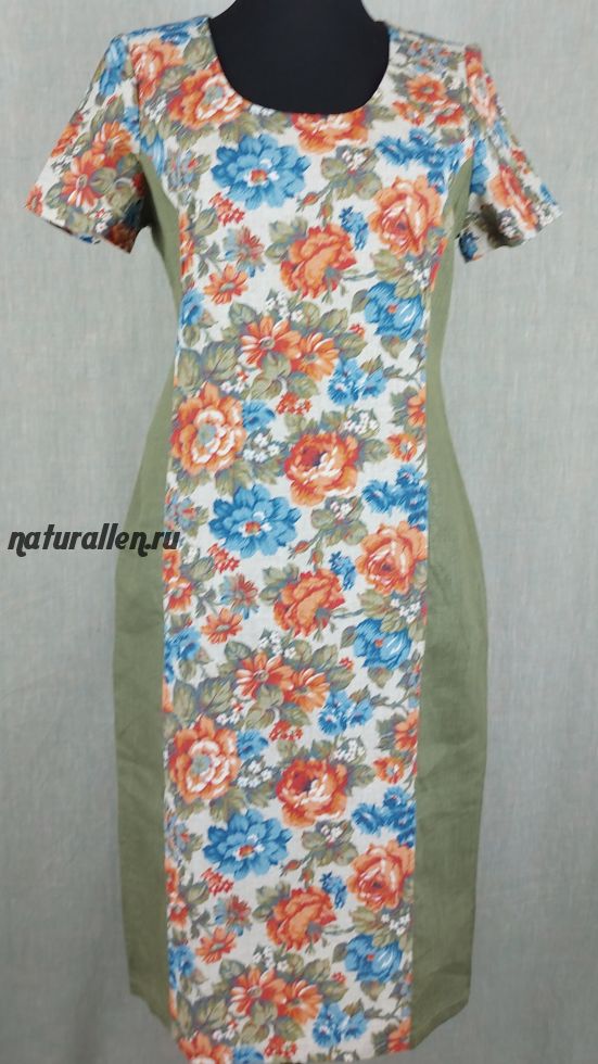 Летнее платье лен 100%  Цветы  (вставки цвета хаки)