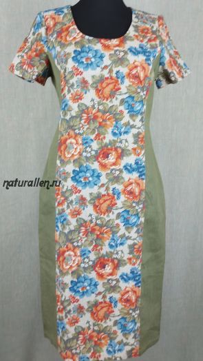 Летнее платье лен 100%  Цветы  (вставки цвета хаки)