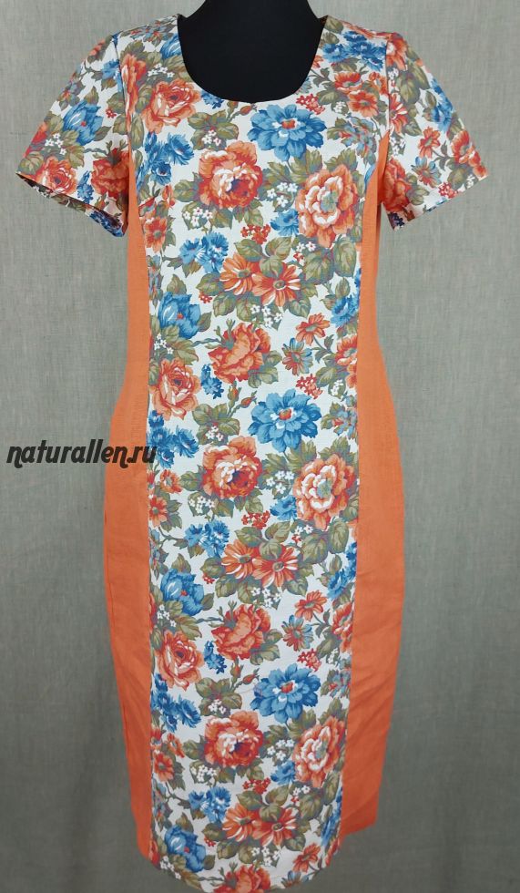 Летнее платье лен 100%  Цветы  (вставки оранж)