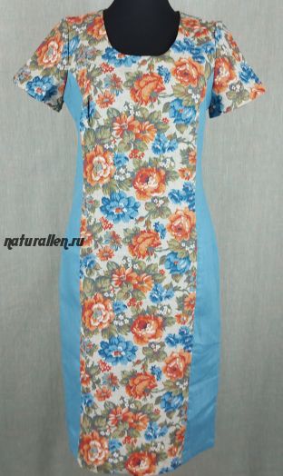 Летнее платье лен 100%  Цветы  (вставки цвет морской волны 2)