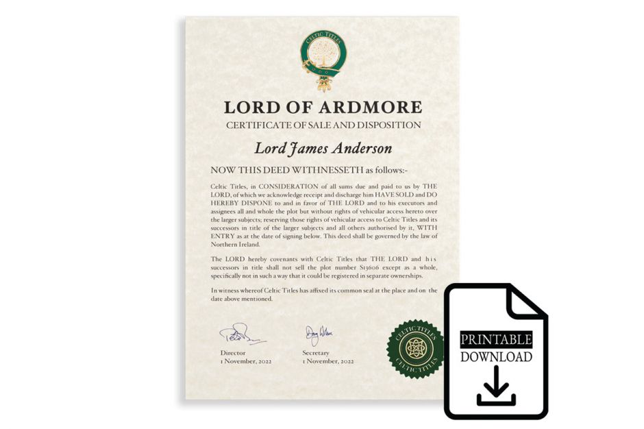 Титул Лорда или Леди и 1 квадратный фут земли в Ирландии (Ardmore) (только цифровая *PDF версия)