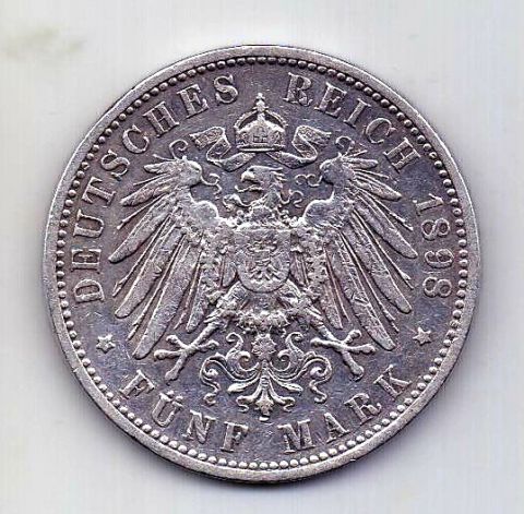 5 марок 1898 Пруссия XF Редкий год