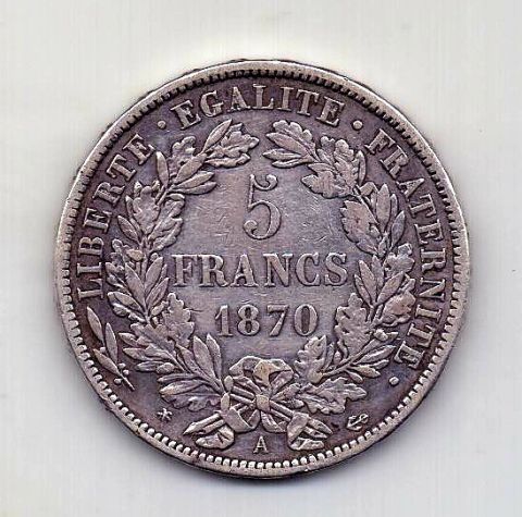 5 франков 1870 Франция XF Редкий год