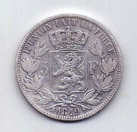 5 франков 1849 Бельгия XF Редкий тип