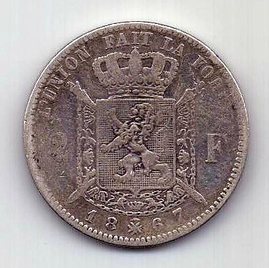 2 франка 1867 Бельгия