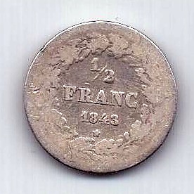 1/2 франка 1843 Бельгия Редкость