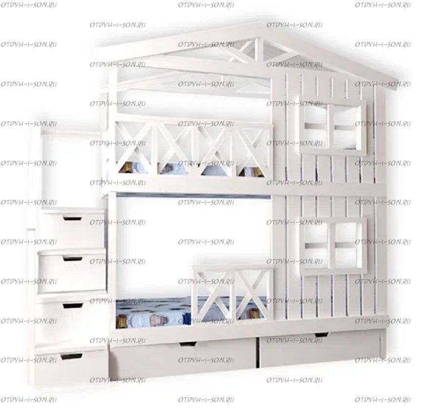 Кровать двухъярусная Домик Roof №20D с лестницей-комодом