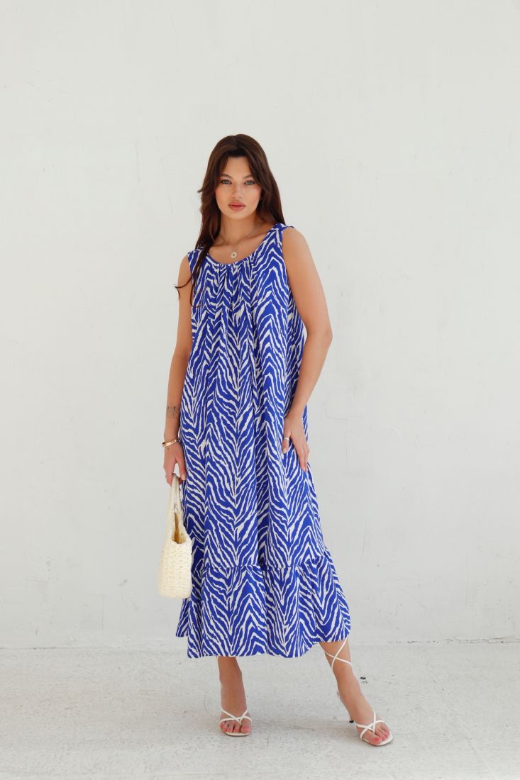 9413  Платье Мальдивы для пляжа и фотосъёмки сине-белое