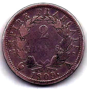 2 франка 1809 Франция Наполеон I Редкость XF