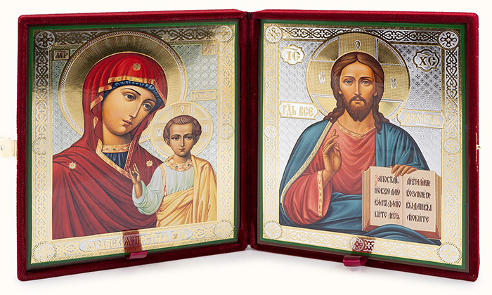 Складень бархатный с иконами: Спаситель, Казанская икона Божией Матери (18х22 см), венчальная пара (4)