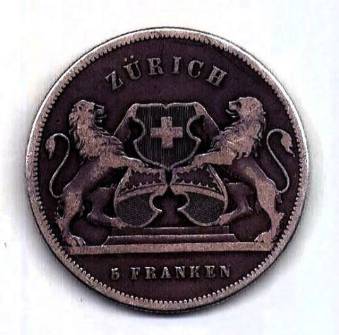 5 франков 1859 Цюрих Швейцария Редкость