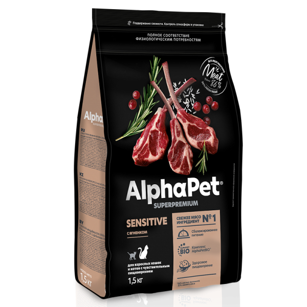 Сухой корм для кошек с чувствительным пищеварением AlphaPet Sensitive Superpremium с ягненком