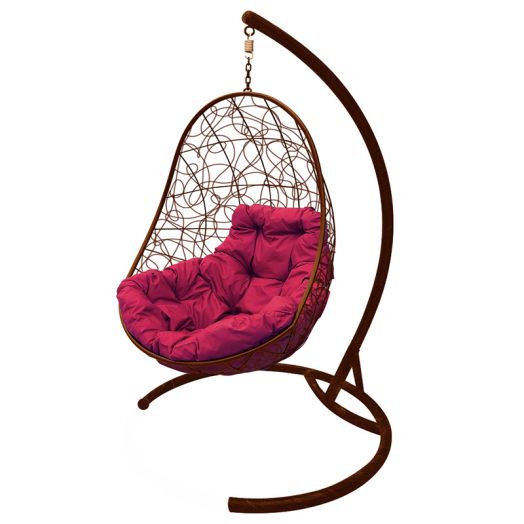 МГКОР-12-02 Подвесное кресло ОВАЛ с ротангом коричневое, бордовая подушка