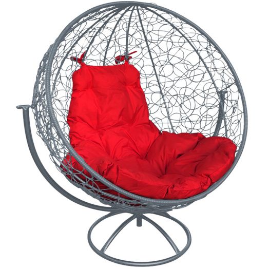 МГВКШР-13-06 Вращающееся кресло КРУГ с ротангом серое, красная подушка