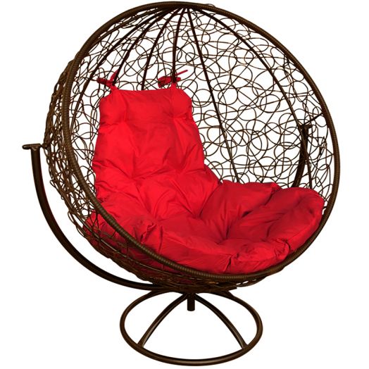 МГВКШР-12-06 Вращающееся кресло КРУГ с ротангом коричневое, красная подушка