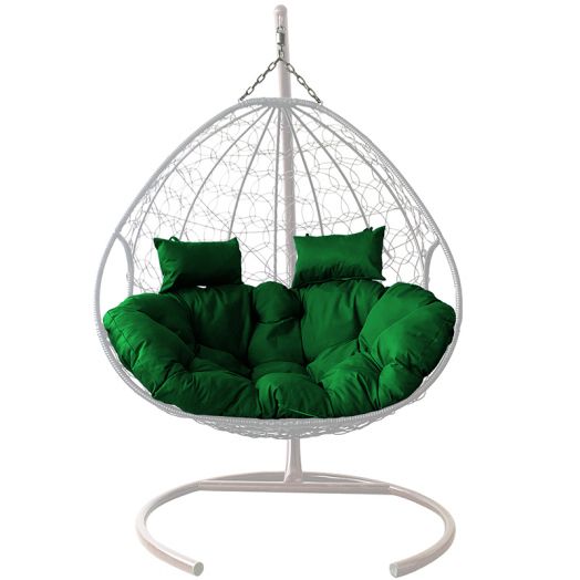 МГПК2-11-04 Подвесное кресло ДЛЯ ДВОИХ с ротангом белое, зелёная подушка